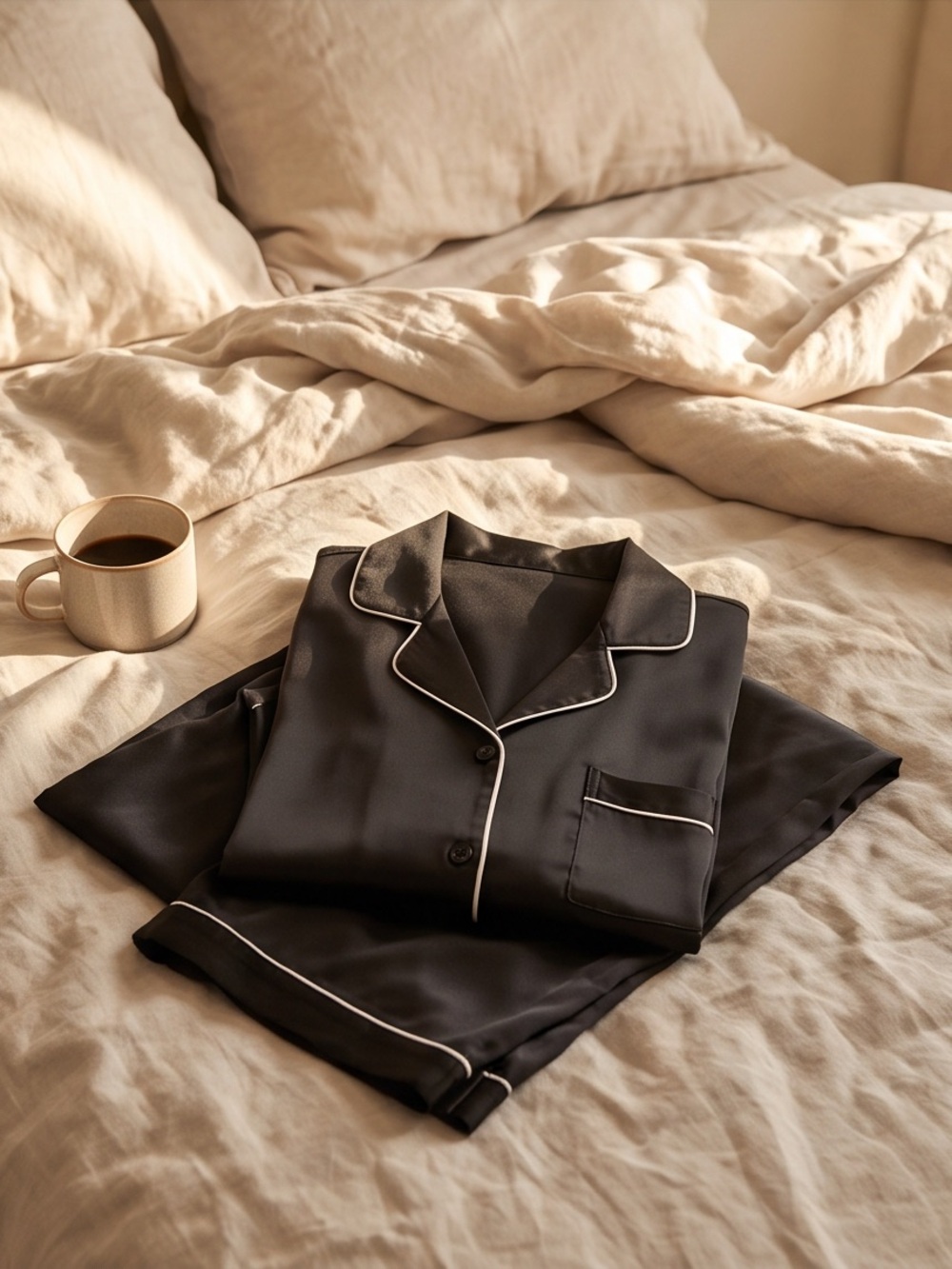 Women’s satin Black Satin Piped Pajamas